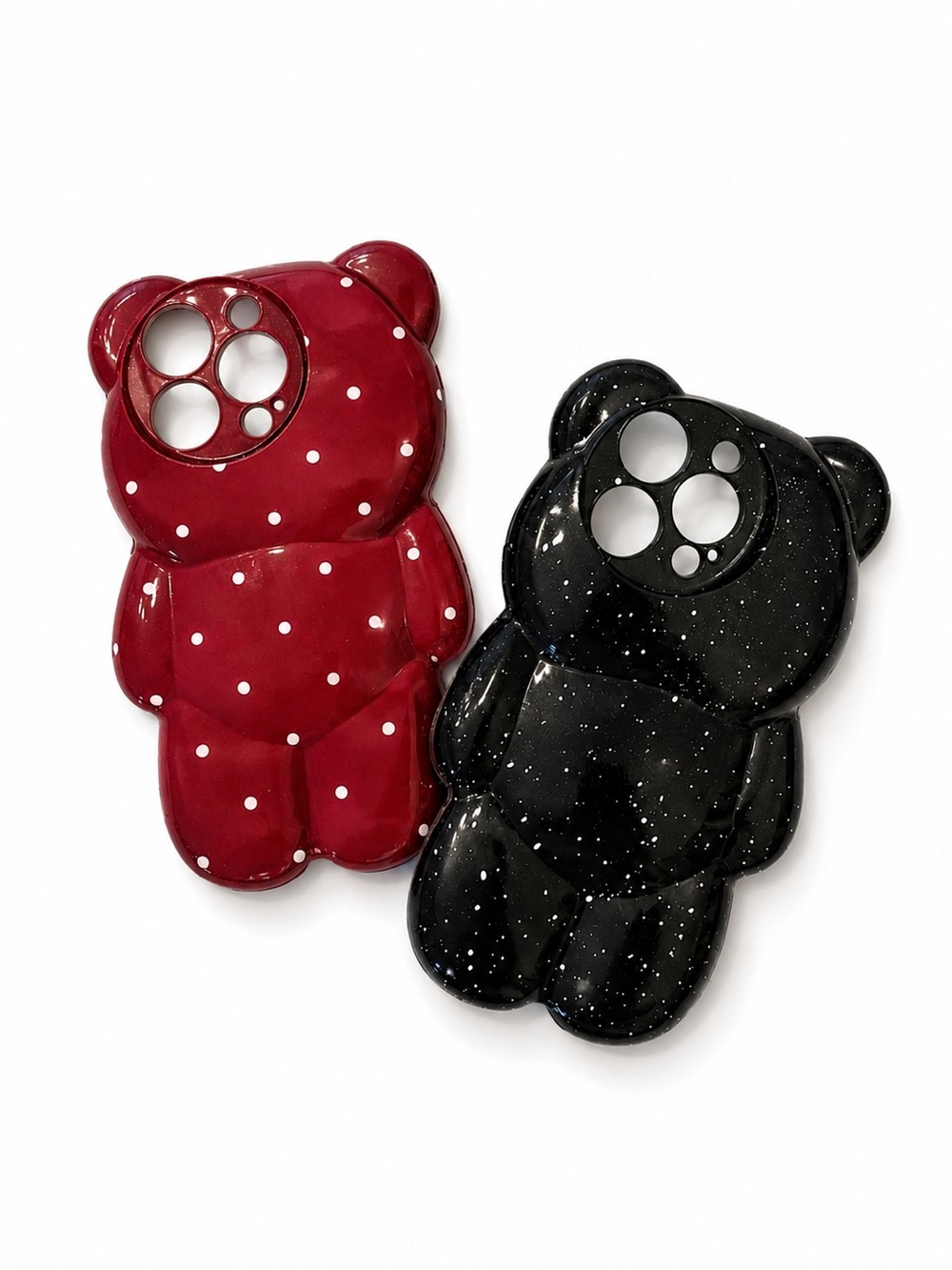 2 iPhone 15 Pro Kawaii Bear Phone Cases Black / White & Red Polka Dot